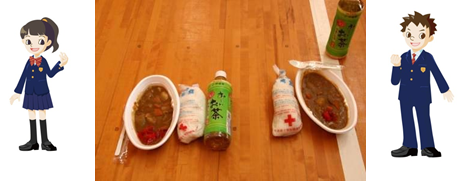 完成したカレーと災害時に少量の水で炊飯できるご飯