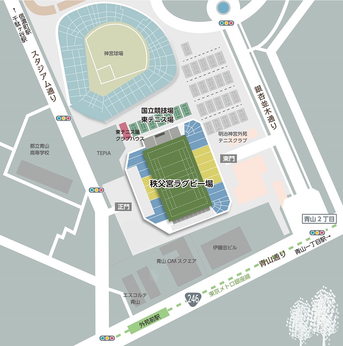 秩父宮ラグビー場のカラーの周辺地図
