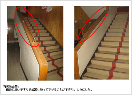 再発防止策:階段に細い手すりを設置し滑って下りることができないようにした。