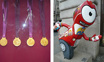 大英博物館に飾られてるロンドンオリンピック・パラリンピックの金メダルとロンドンオリンピック公式マスコットのウェンロック