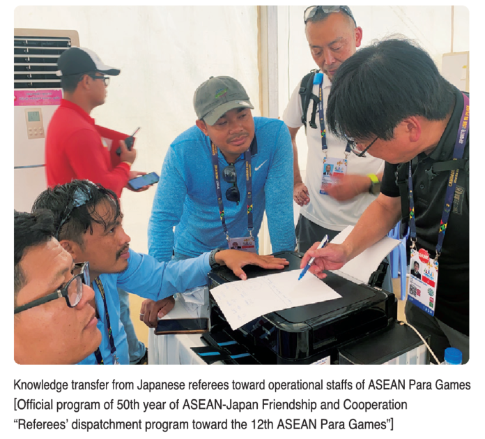 Knowledge transfer from Japanese referees toward operational staffs of ASEAN Para Games Knowledge transfer from Japanese referees toward operational staffs of ASEAN Para Games [Official program of 50th year of ASEAN-Japan Friendship and Cooperation “Referees’ dispatchment program toward the 12th ASEAN Para Games”] [Official program of 50th year of ASEAN-Japan Friendship and Cooperation “Referees’ dispatchment program toward the 12th ASEAN Para Games”]