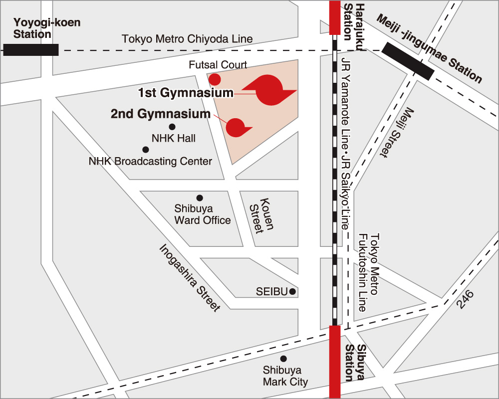Map showing the location of Yoyogi National Gymnasium.