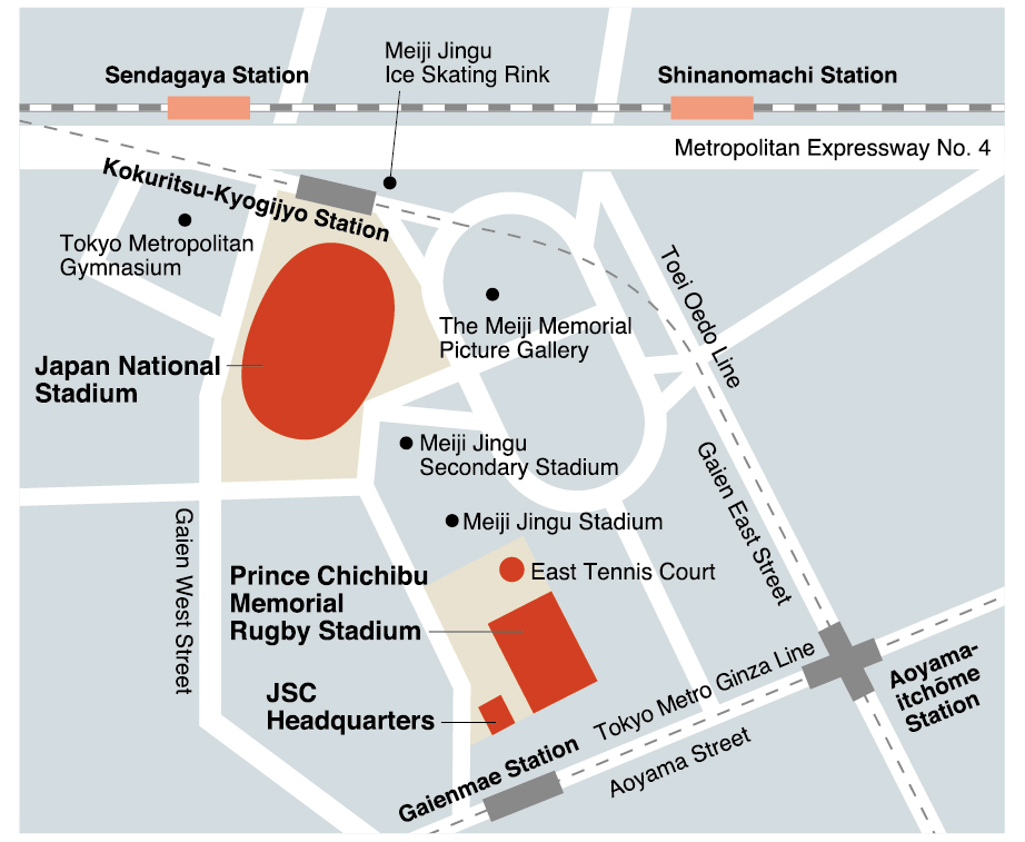 map(Japan Sport Council Headquarters / Prince Chichibu Memorial Rugby Stadium / Japan National Stadium)