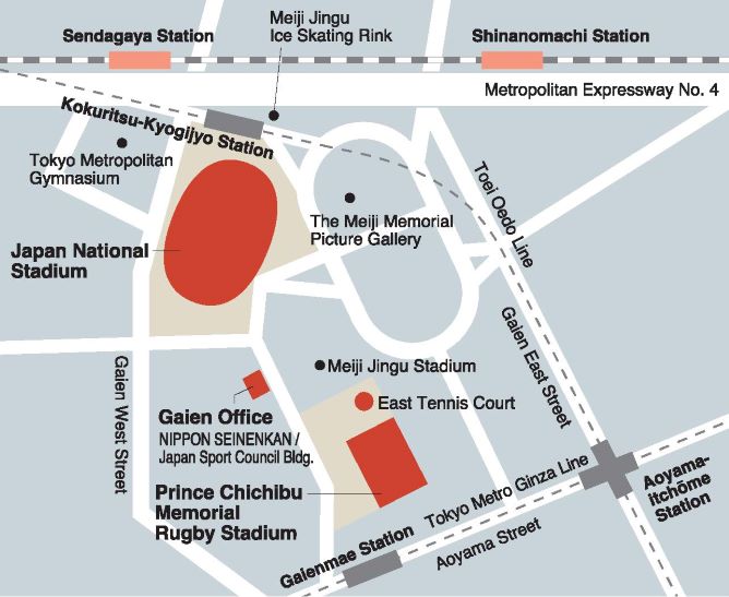 map(Japan Sport Council Gaien office / Prince Chichibu Memorial Rugby Stadium / Japan National Stadium)