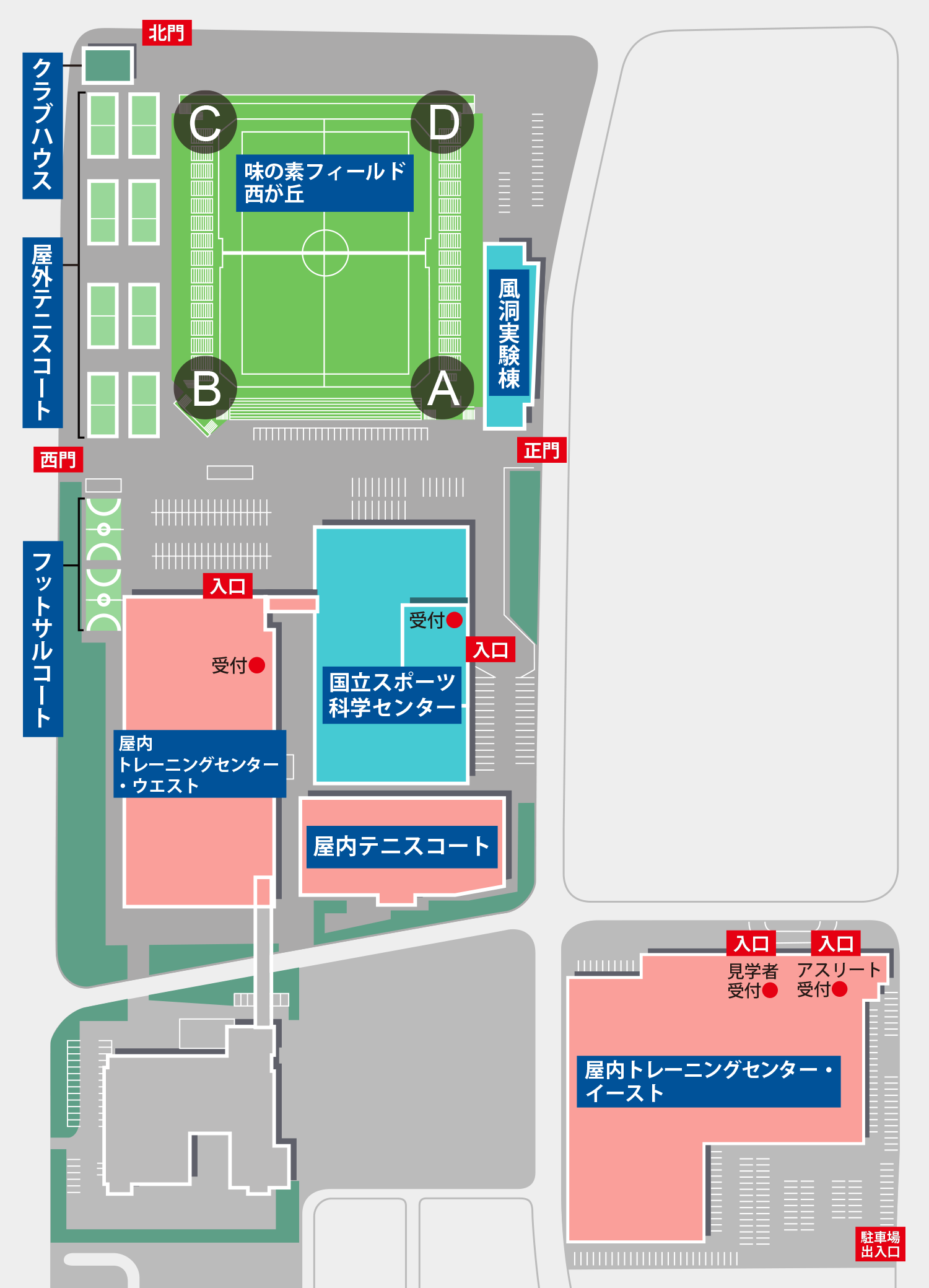 各施設までの行き方です。HPSC正門より敷地内に入ると左側に国立スポーツ科学センター、右側に味の素フィールド西が丘があります。正面歩道を直進し、しばらく進むと左側に屋内トレーニングセンター・ウエストがあります。