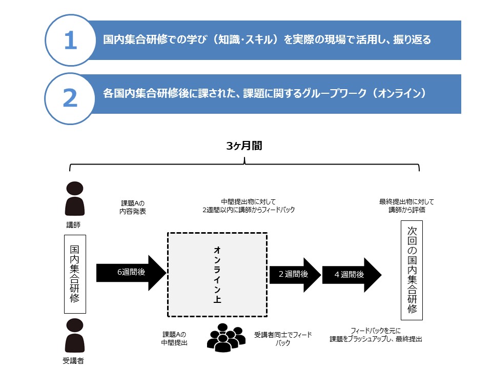 国内実地研修の流れは①国内集合研修での学び（知識・スキル）を実際の現場で活用し振り返る②各国内集合後に課された、課題に関するグループワーク（オンライン）の流れで行われている。国内集合研修の６週間後にオンライン上で課題を提出し、受講生同士でフィードバックをしあいます。その後２週間かけフィードバックをもとに課題をブラッシュアップし、講師に最終提出します。