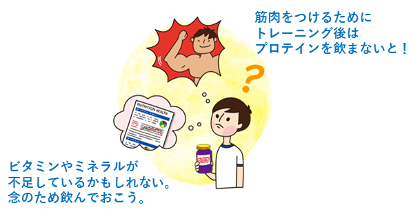 筋肉をつけるためにトレーニング後はプロテインを飲まないと！ビタミンやミネラルが不足しているかもしれない。念のため飲んでおこう。