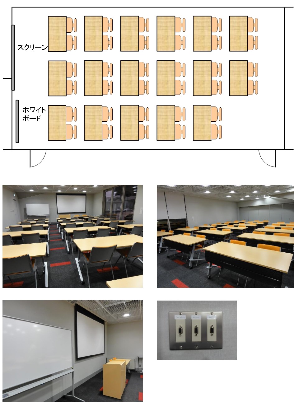 会議室1には机が3台横並びであり、それが5列あり、その後方に2台の机がある。椅子は机1台に対して2脚。会議室前方にスクリーンとホワイトボードがある。