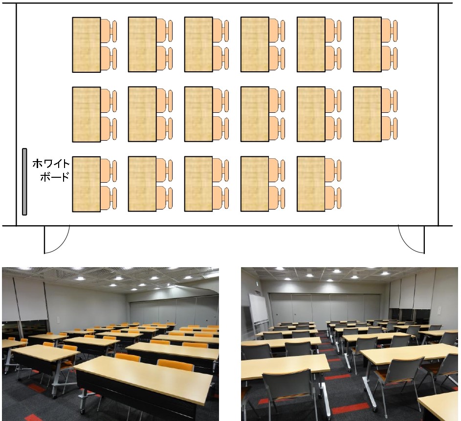 会議室2には机が3台横並びであり、それが5列あり、その後方に2台の机がある。椅子は机1台に対して2脚。会議室前方にホワイトボードがある。