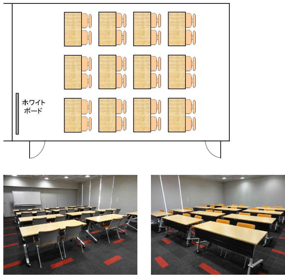 会議室3には机が横並びで3台、それが4列ある。椅子は机1台に対して2脚。会議室前方にホワイトボードがある。