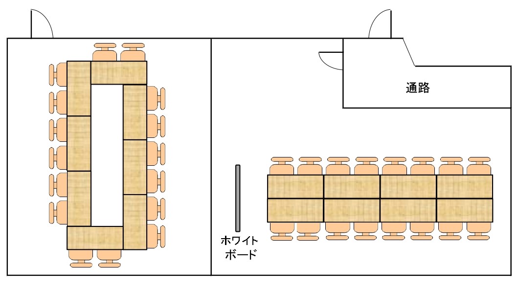 会議室4-1は路の字で机が設置され、短辺が1台、長辺が3台、合計8台ある。椅子は机1台に対しえて2脚。会議室4-2は8台の机が対面形式で設置されている。